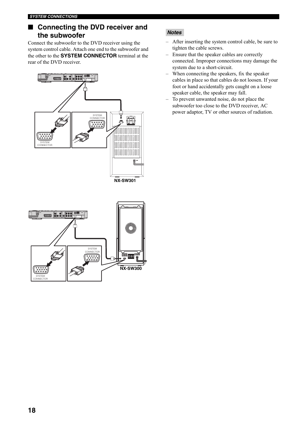 Connecting the dvd receiver and the subwoofer, 18 ■ connecting the dvd receiver and the subwoofer | Yamaha DVX-S301 User Manual | Page 23 / 65
