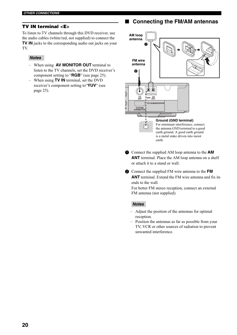 Connecting the fm/am antennas, Tv in terminal <e | Yamaha DVX-S301 User Manual | Page 25 / 65