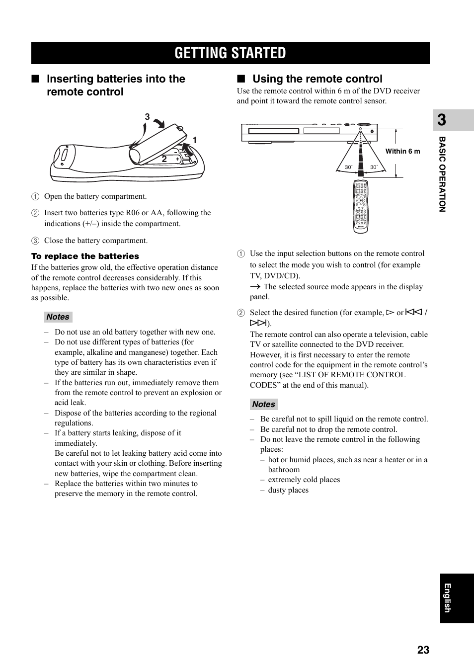 Basic operation, Getting started, Inserting batteries into the remote control | Using the remote control | Yamaha DVX-S301 User Manual | Page 28 / 65