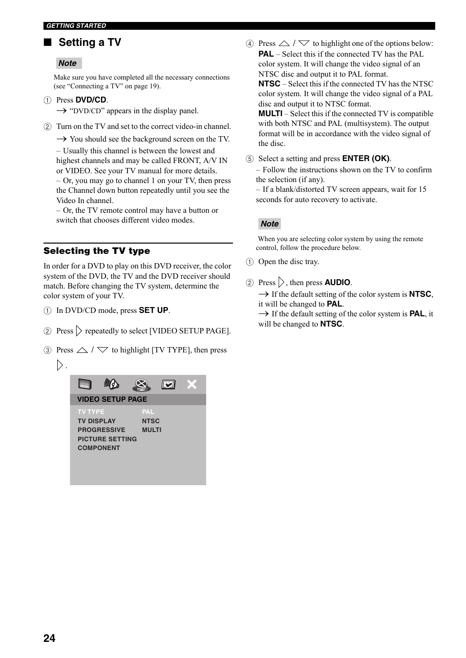 Setting a tv, 24 ■ setting a tv | Yamaha DVX-S301 User Manual | Page 29 / 65