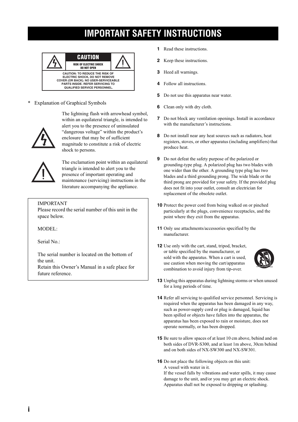 Important safety instructions, Caution | Yamaha DVX-S301 User Manual | Page 3 / 65