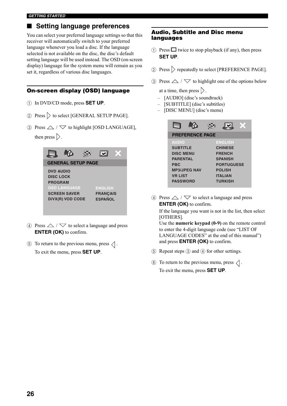 Setting language preferences, 26 ■ setting language preferences | Yamaha DVX-S301 User Manual | Page 31 / 65