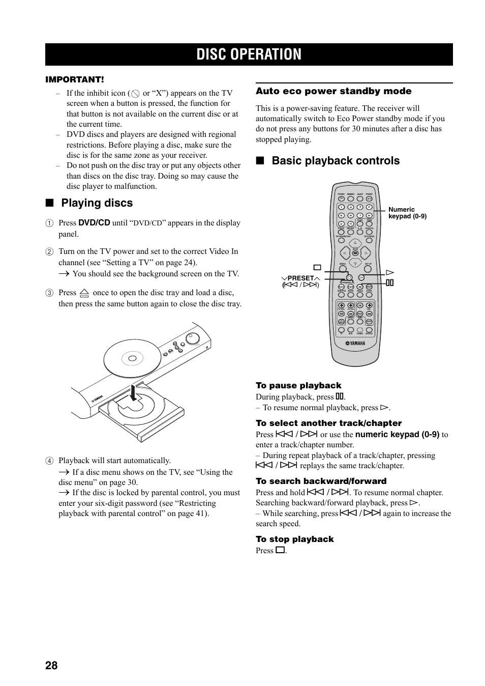 Operations, Disc operation, Playing discs | Basic playback controls, Auto eco power standby mode, Important, 1press dvd/cd until | Yamaha DVX-S301 User Manual | Page 33 / 65