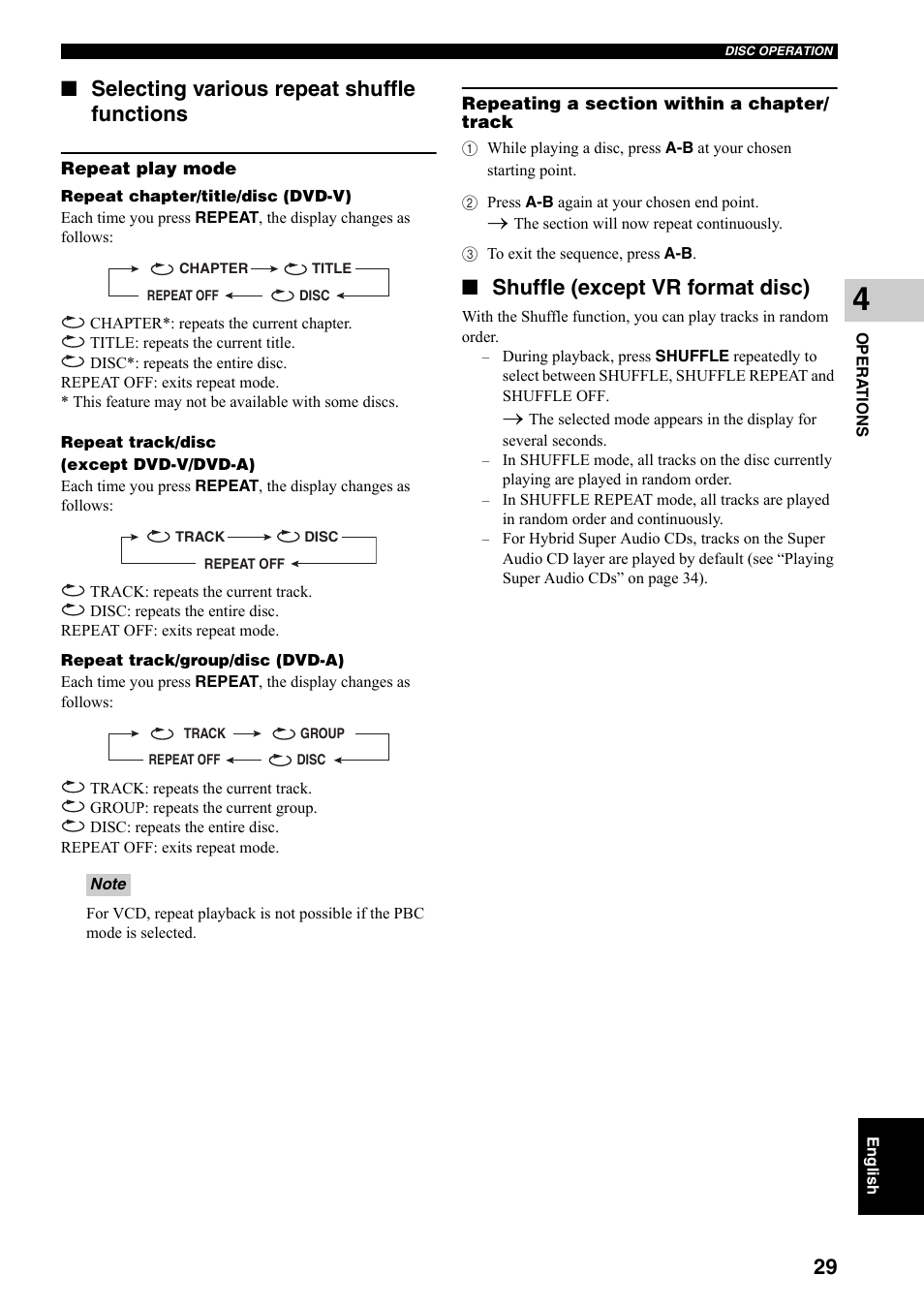 Selecting various repeat shuffle functions, Shuffle (except vr format disc) | Yamaha DVX-S301 User Manual | Page 34 / 65