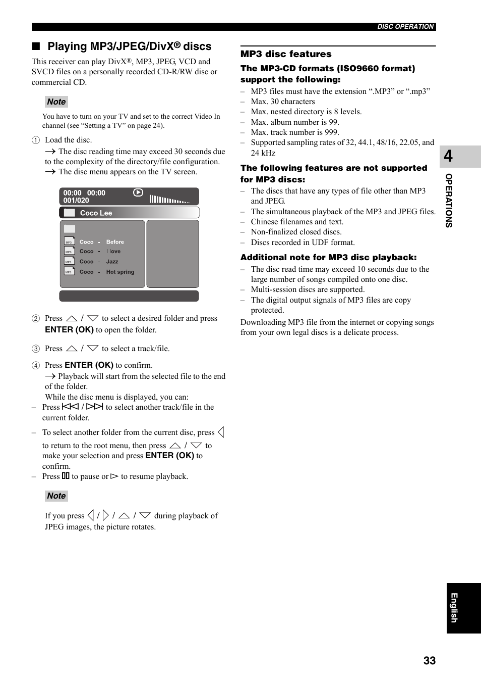 Playing mp3/jpeg/divx® discs, Playing mp3/jpeg/divx, Discs | Yamaha DVX-S301 User Manual | Page 38 / 65