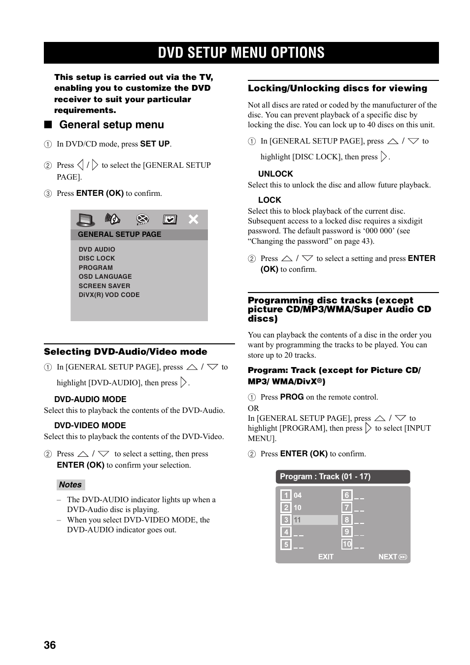 Dvd setup menu options, General setup menu | Yamaha DVX-S301 User Manual | Page 41 / 65