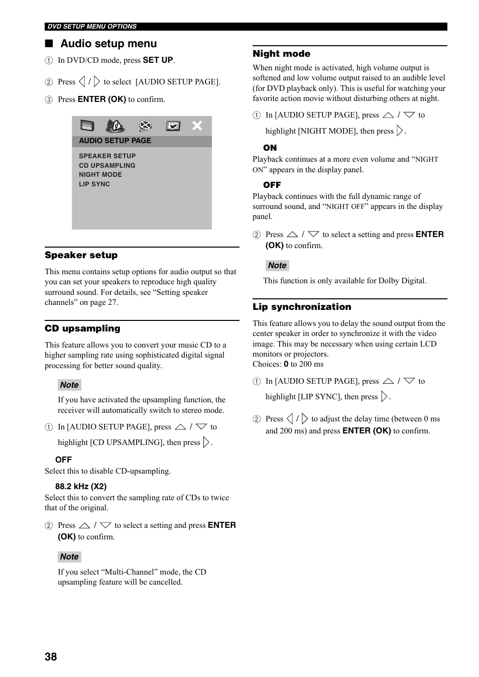 Audio setup menu, 38 ■ audio setup menu | Yamaha DVX-S301 User Manual | Page 43 / 65