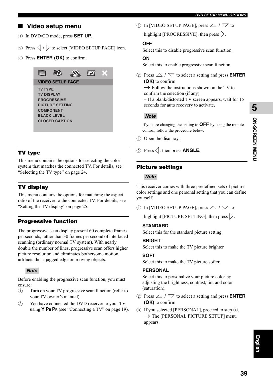 Video setup menu | Yamaha DVX-S301 User Manual | Page 44 / 65