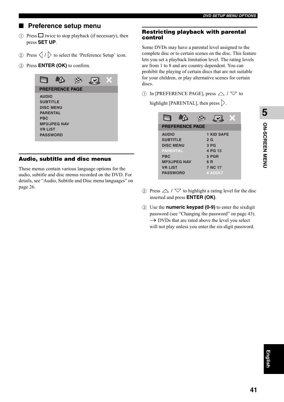 On-screen menu, Preference setup menu | Yamaha DVX-S301 User Manual | Page 46 / 65
