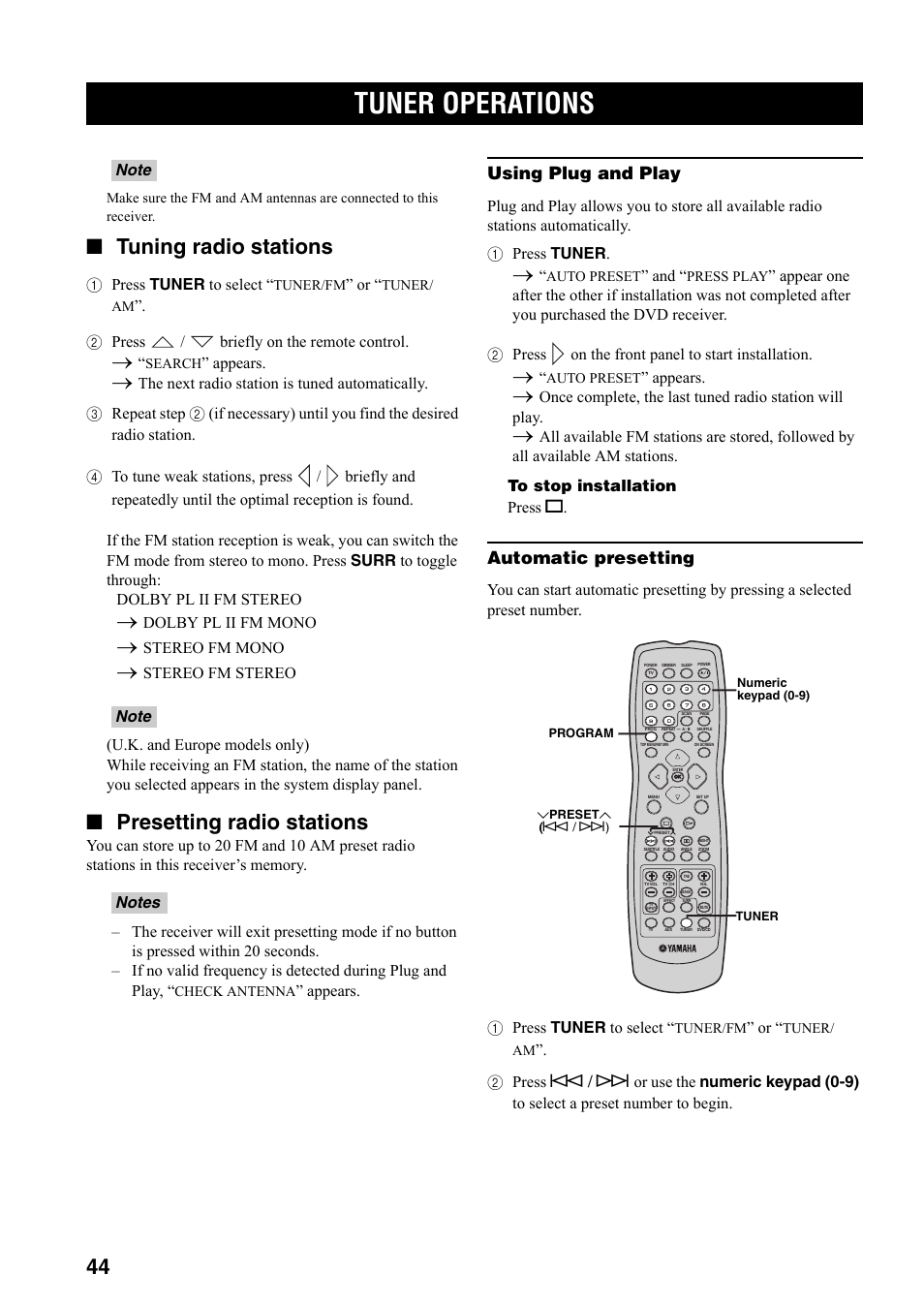 Tuner operations, Tuning radio stations, Presetting radio stations | Using plug and play, Automatic presetting | Yamaha DVX-S301 User Manual | Page 49 / 65