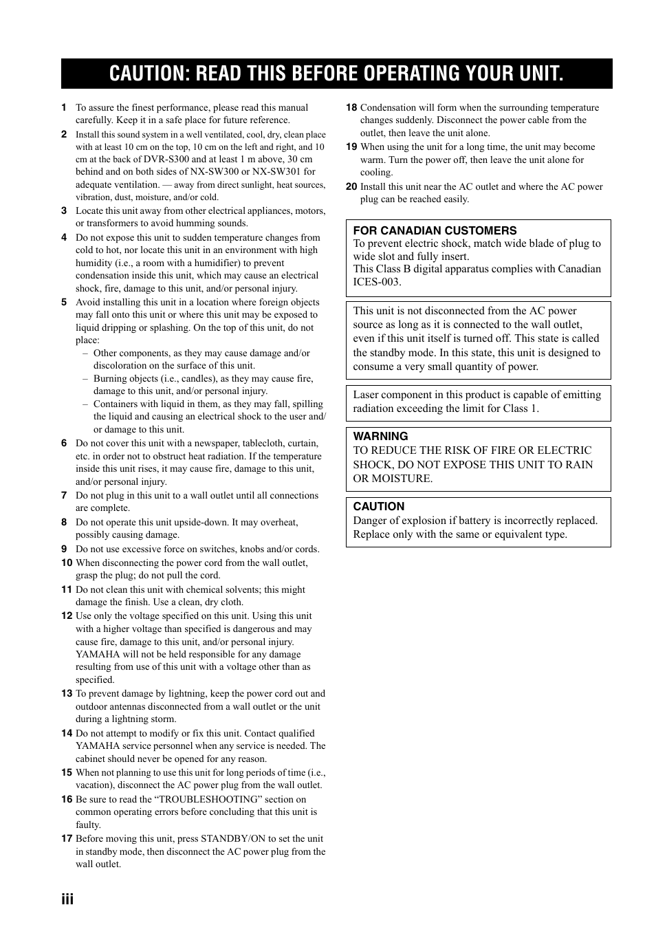 English, Caution: read this before operating your unit | Yamaha DVX-S301 User Manual | Page 5 / 65