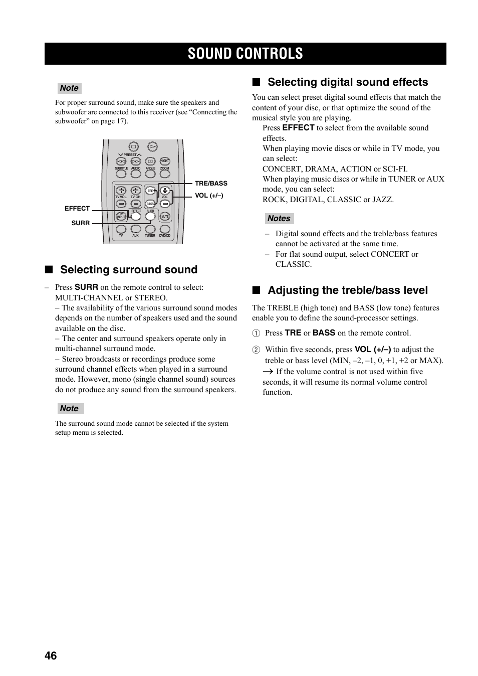 Sound controls, Selecting surround sound, Selecting digital sound effects | Adjusting the treble/bass level | Yamaha DVX-S301 User Manual | Page 51 / 65