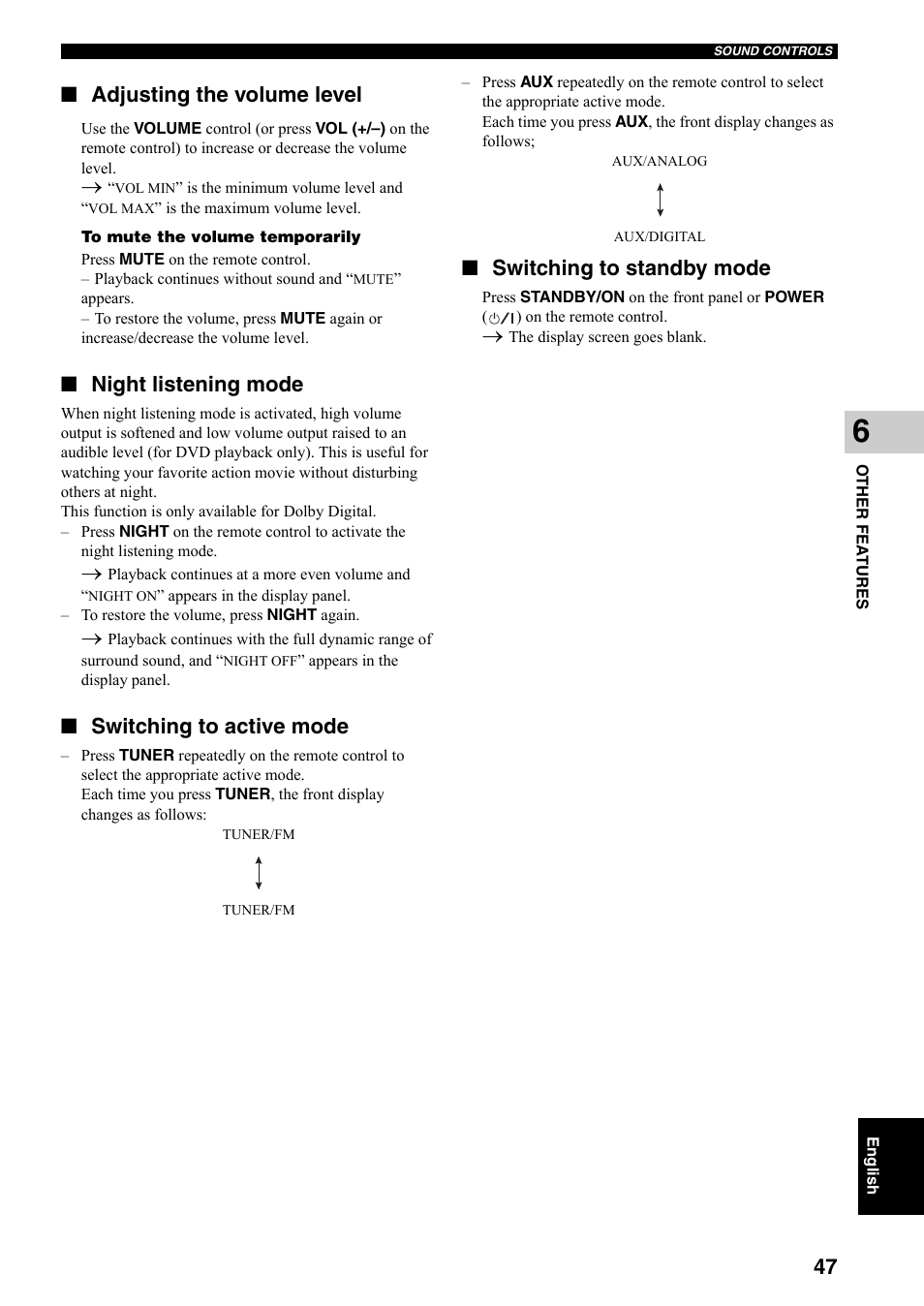 Adjusting the volume level, Night listening mode, Switching to active mode | Switching to standby mode | Yamaha DVX-S301 User Manual | Page 52 / 65