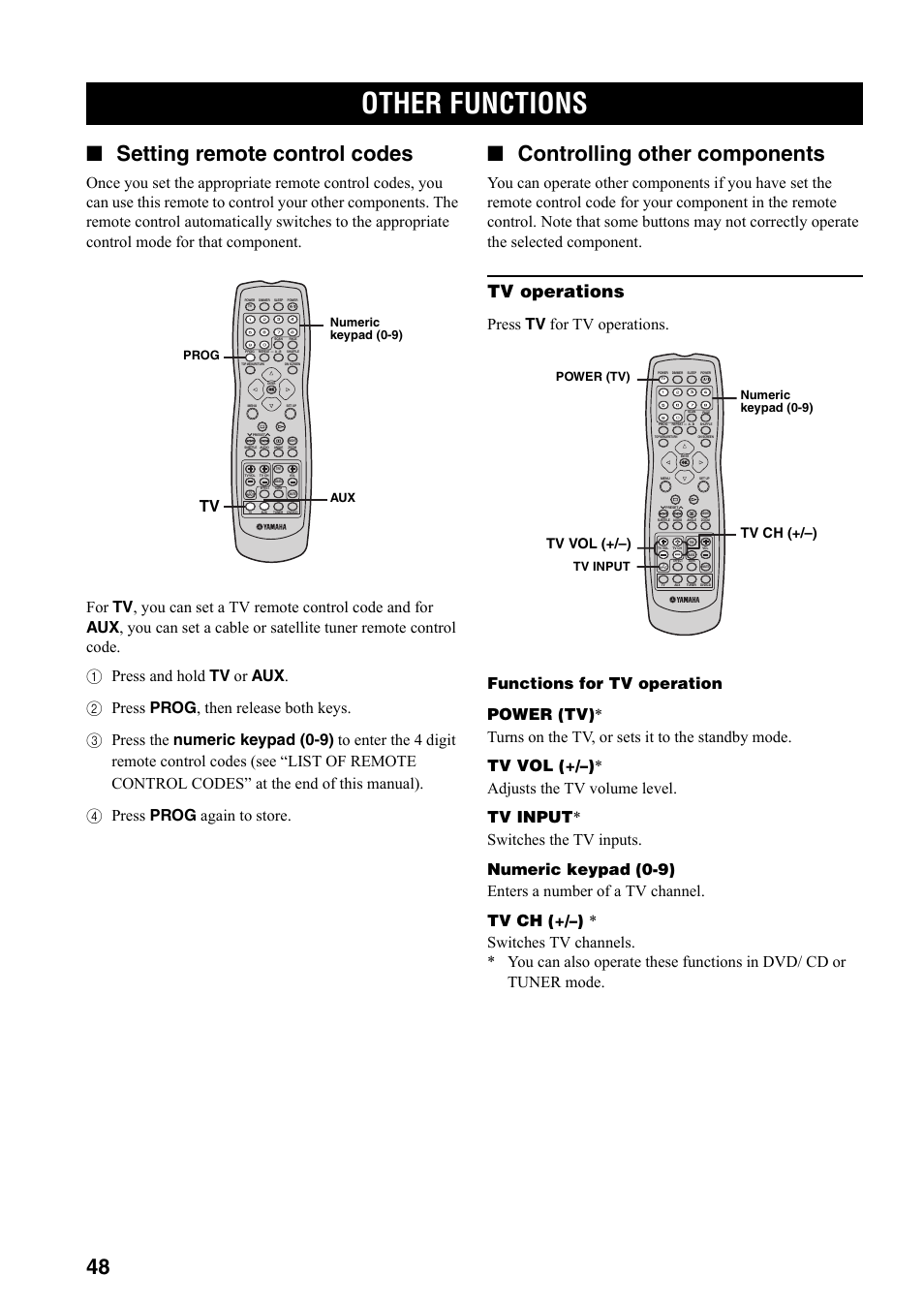 Other features, Other functions, Controlling other components | 48 ■ setting remote control codes, Tv operations, Tv ch (+/–) tv vol (+/–), Numeric keypad (0-9) prog, Numeric keypad (0-9) power (tv) tv input | Yamaha DVX-S301 User Manual | Page 53 / 65