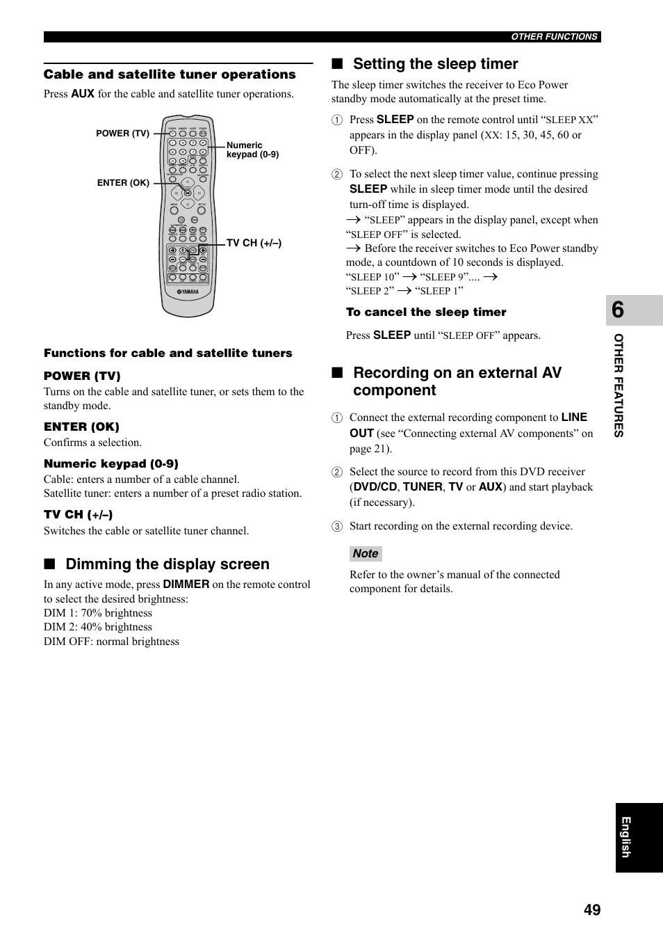 Dimming the display screen, Setting the sleep timer, Recording on an external av component | Cable and satellite tuner operations, Ot her fea t ur es, Eng lish, Appears in the display panel, Appears in the display panel, except when, Is selected, Appears | Yamaha DVX-S301 User Manual | Page 54 / 65