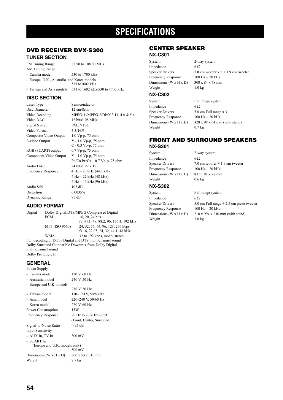 Specifications, Dvd receiver dvx-s300, Center speaker | Front and surround speakers, Audio format, General, Nx-c301, Nx-c302, Nx-s301, Nx-s302 | Yamaha DVX-S301 User Manual | Page 59 / 65