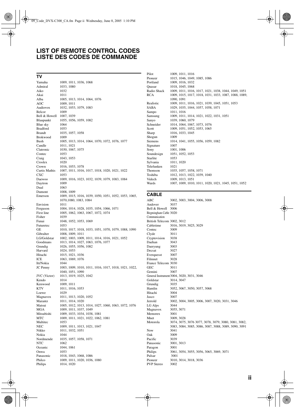 List of remote contlore codes, Cable | Yamaha DVX-S301 User Manual | Page 62 / 65