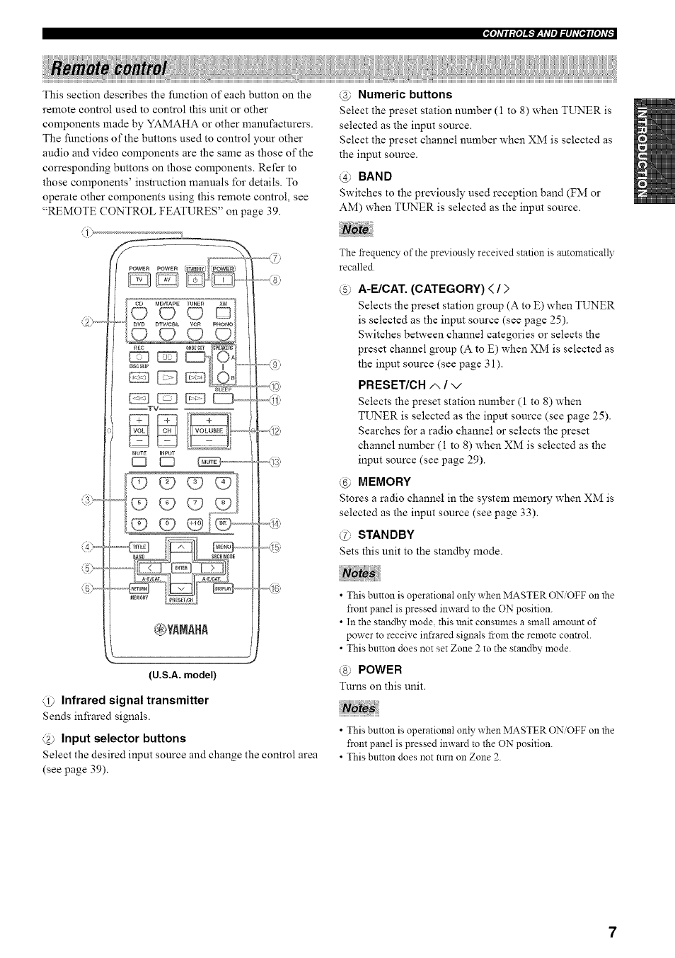 Remote control, 1) infrared signal transmitter, 2) input selector buttons | 3) numeric buttons, Band, Note, C5) a-e/cat. (categoryx, Preset/ch /\ / w, Memory, Standby | Yamaha RX-497 User Manual | Page 11 / 53