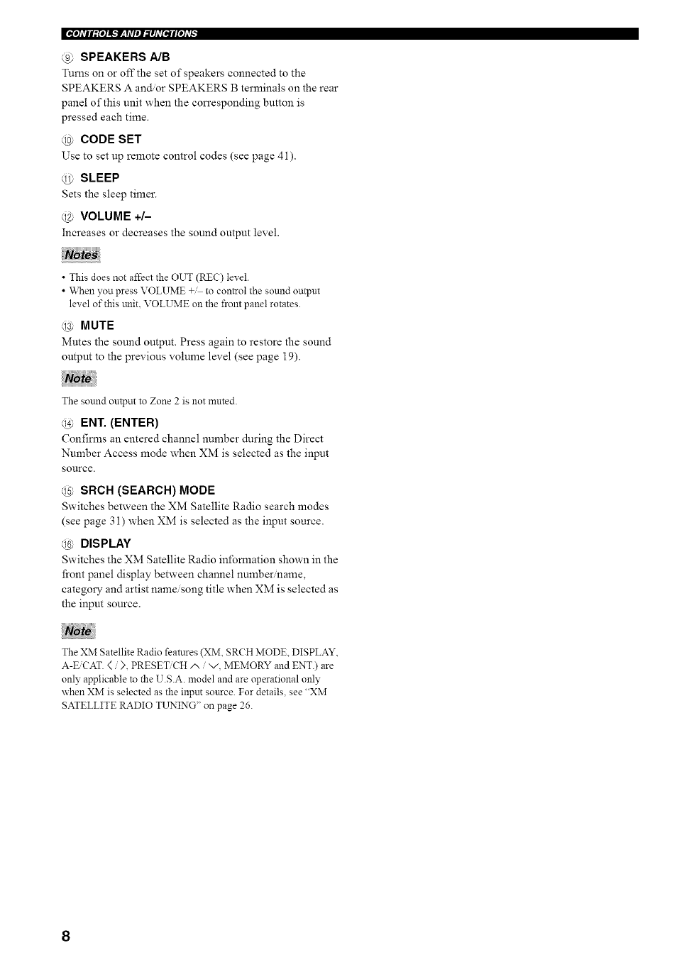 9) speakers a/b, N) sleep, Notes | G; mute, Note, Gi ent (enter), G; srch (search) mode, G display | Yamaha RX-497 User Manual | Page 12 / 53