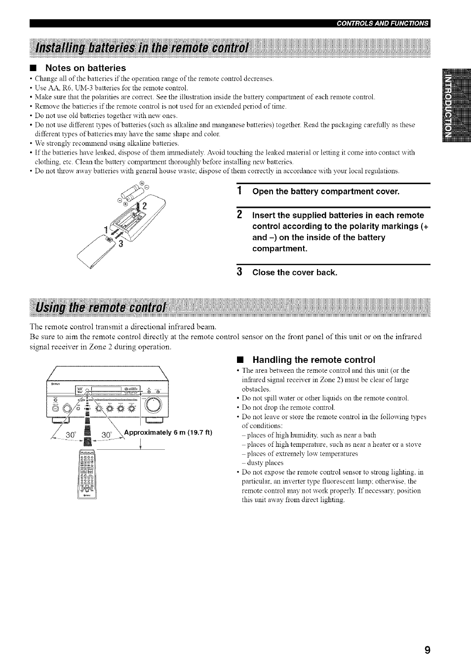 Installing batteries in the remote control, Using the remote control | Yamaha RX-497 User Manual | Page 13 / 53