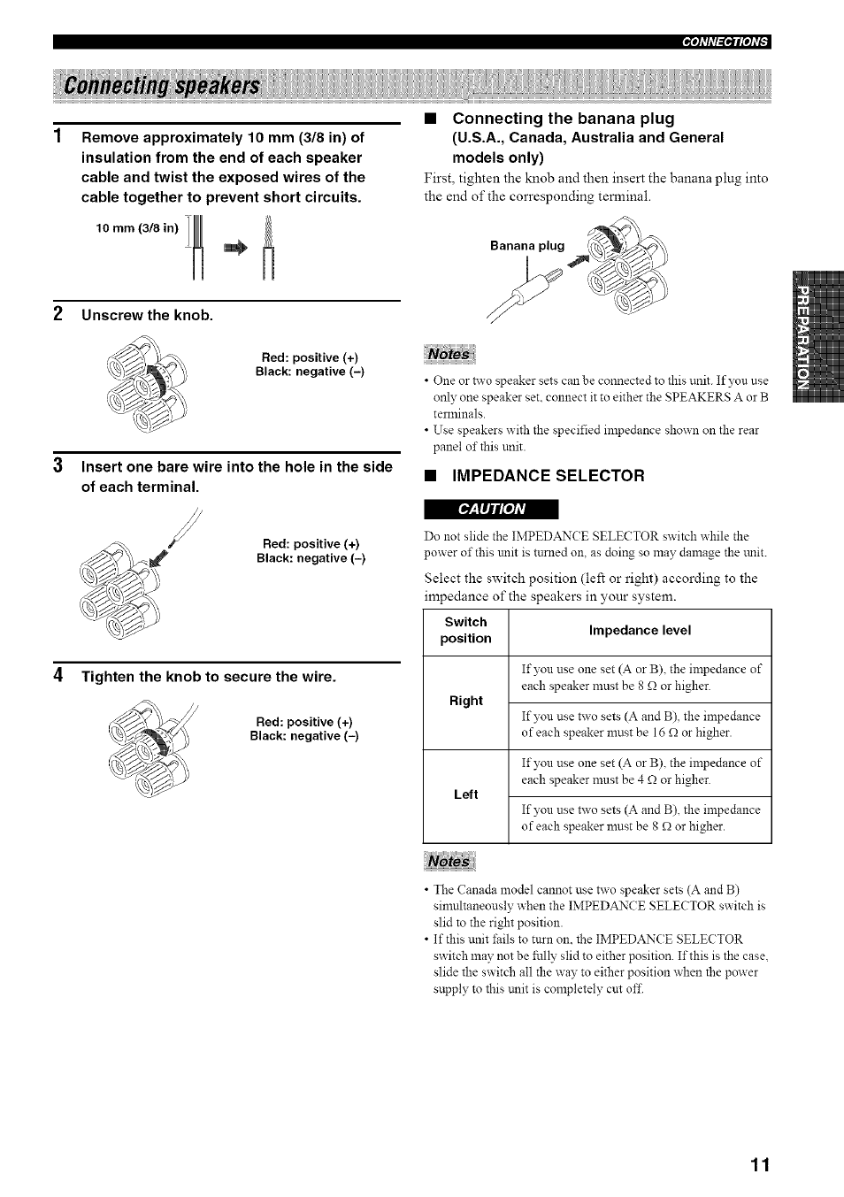 Connecting speakers, 2 unscrew the knob, U.s.a., canada, australia and general models only) | Notes, Caution, 4 tighten the knob to secure the wire | Yamaha RX-497 User Manual | Page 15 / 53