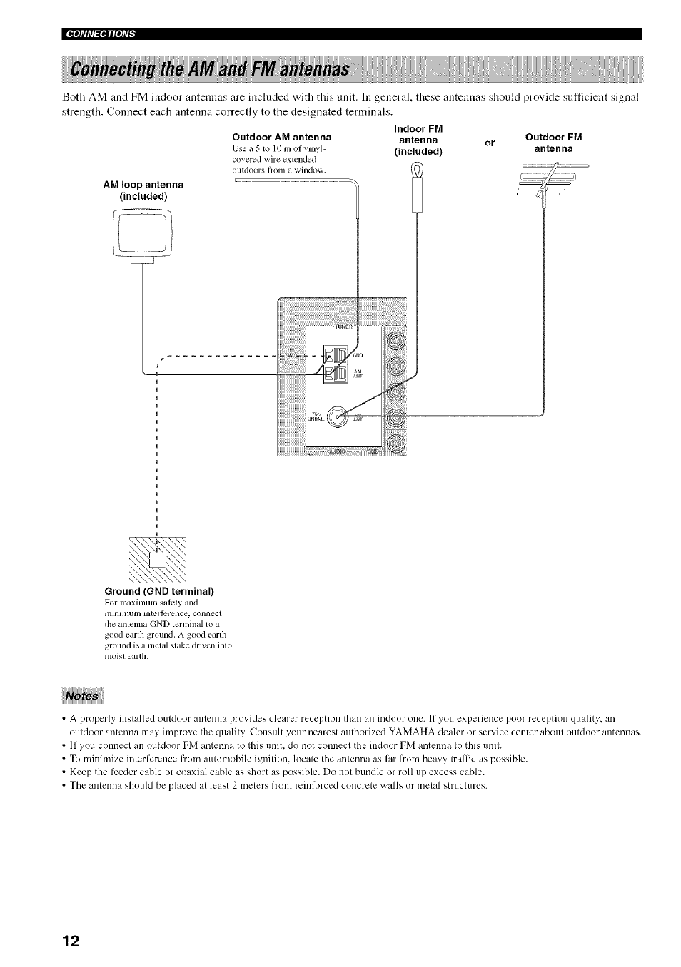 Connecting the km and fm antennas, Notes, Connecting the am and fm antennas | Yamaha RX-497 User Manual | Page 16 / 53