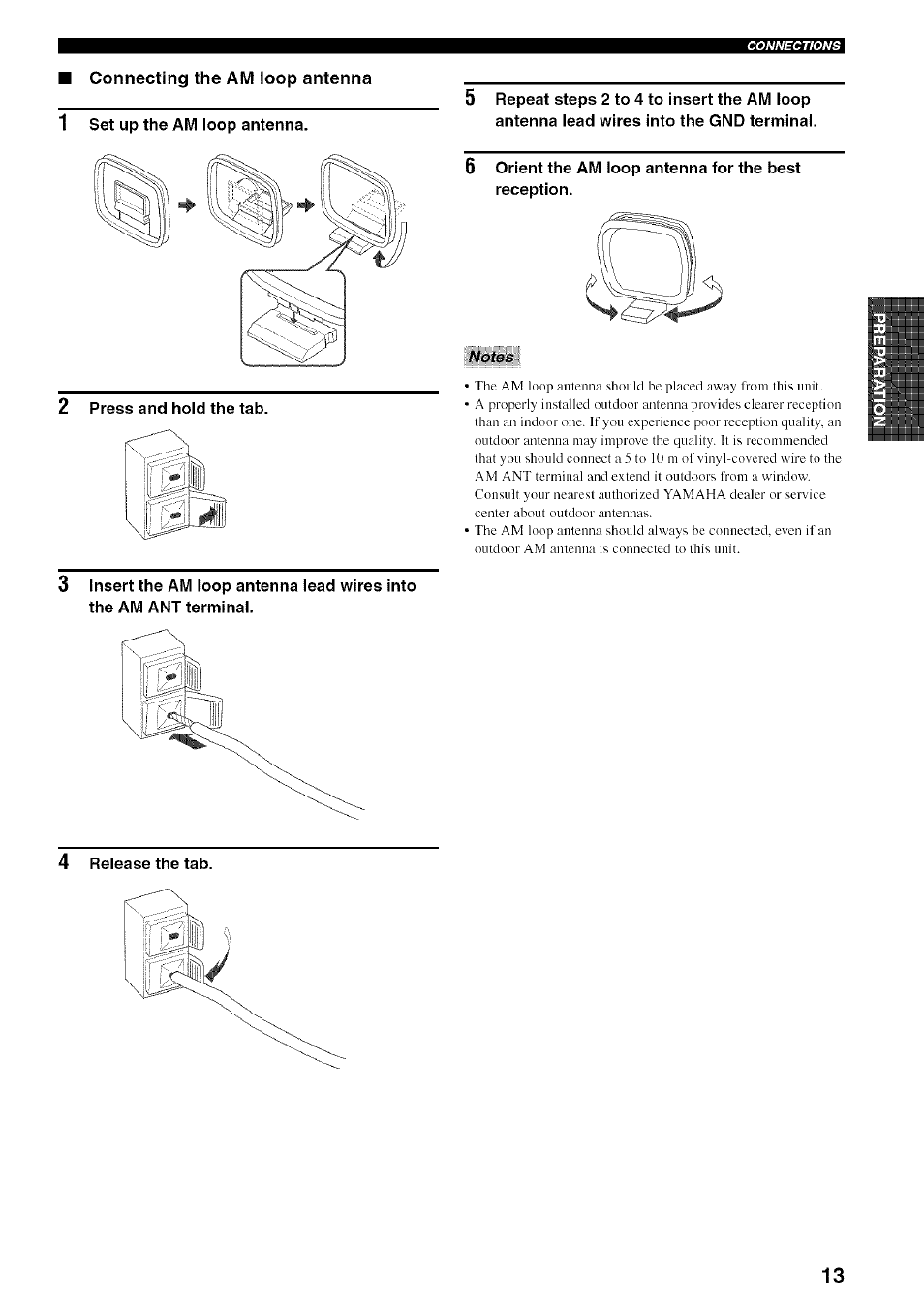 2 press and hold the tab, Orient the am loop antenna for the best reception, Notes | 4 release the tab | Yamaha RX-497 User Manual | Page 17 / 53