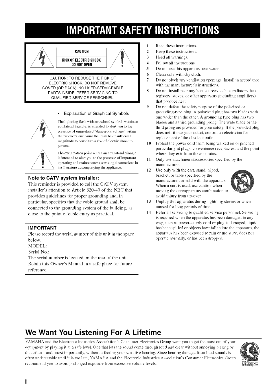 Important safety instructions, We want you listening for a lifetime | Yamaha RX-497 User Manual | Page 2 / 53