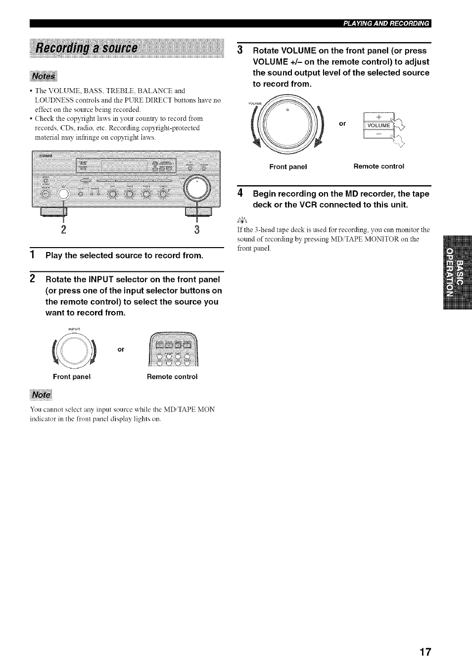 Recording a source, Notes, Note | Yamaha RX-497 User Manual | Page 21 / 53