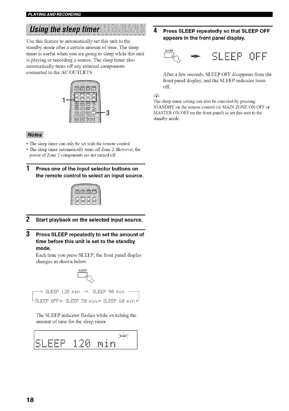 Using the sleep tinier, Bacffebslti, I, b j | Notes, 2 start playback on the selected input source, Using the sleep timer, Sleep, Fiin | Yamaha RX-497 User Manual | Page 22 / 53