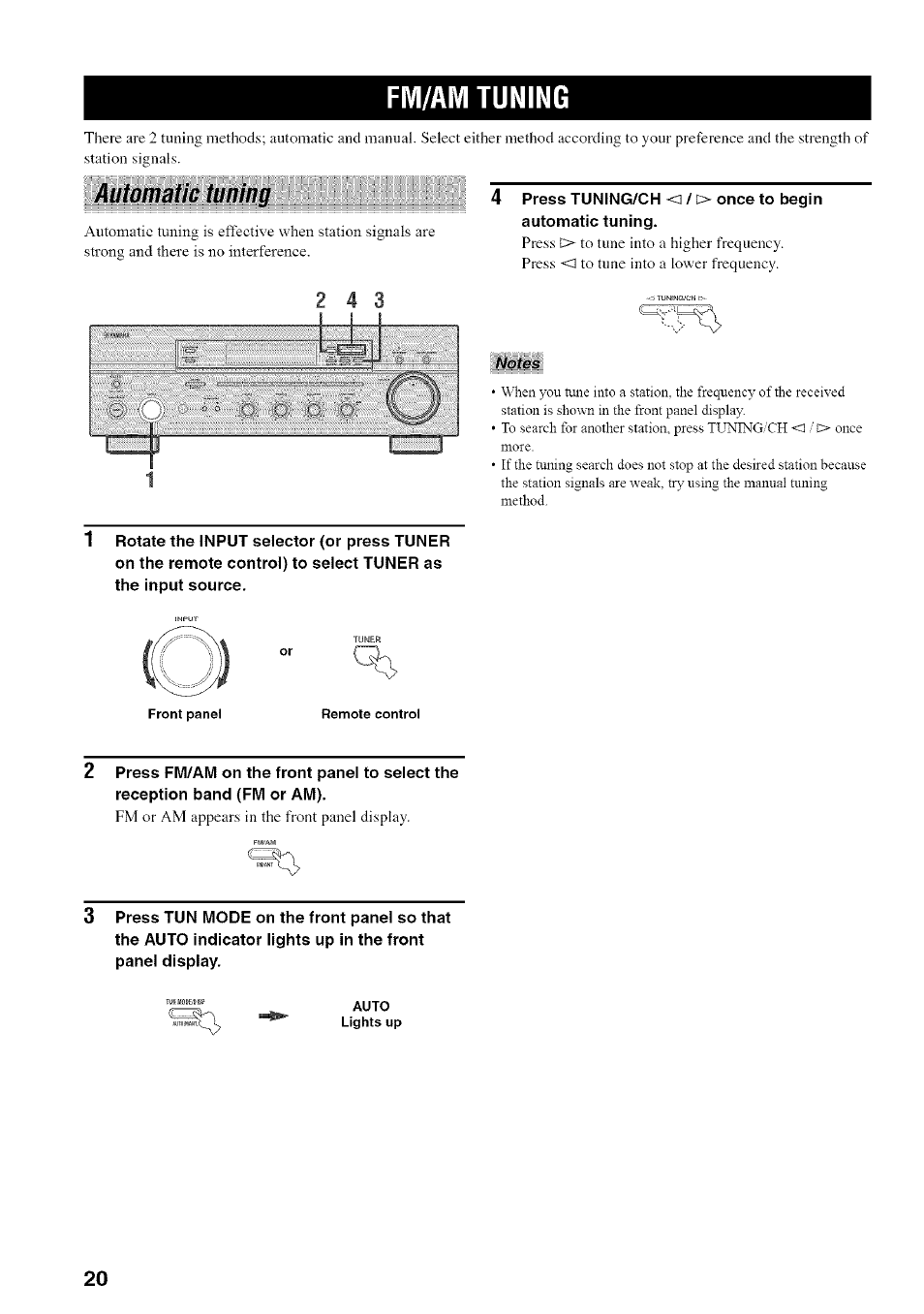 Fm/am tuning, Automatic tuning, Notes | Yamaha RX-497 User Manual | Page 24 / 53