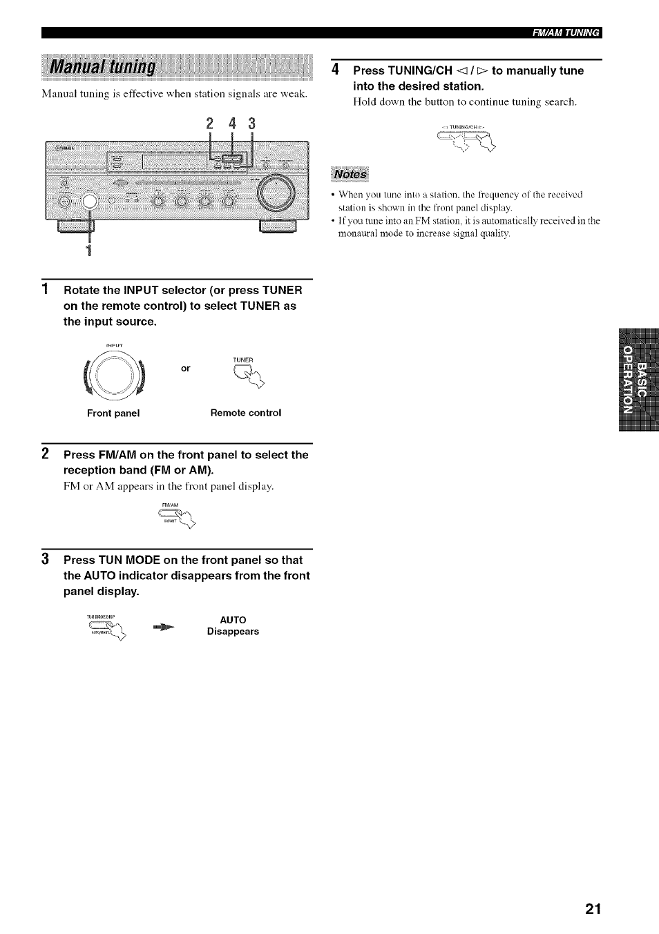 Notes, Manual tuning | Yamaha RX-497 User Manual | Page 25 / 53