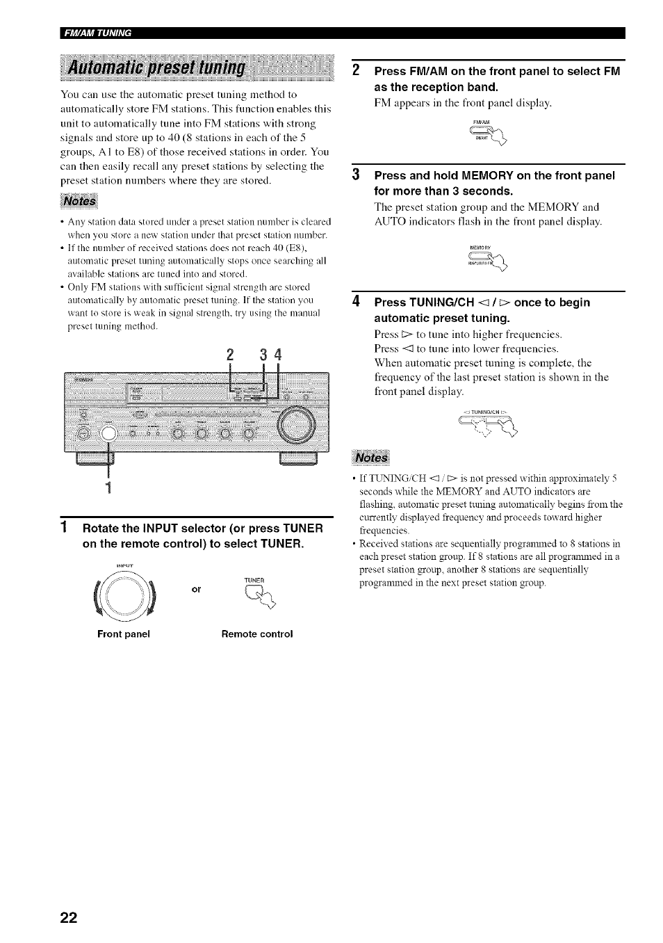 Automatic preset tuning, Notes | Yamaha RX-497 User Manual | Page 26 / 53