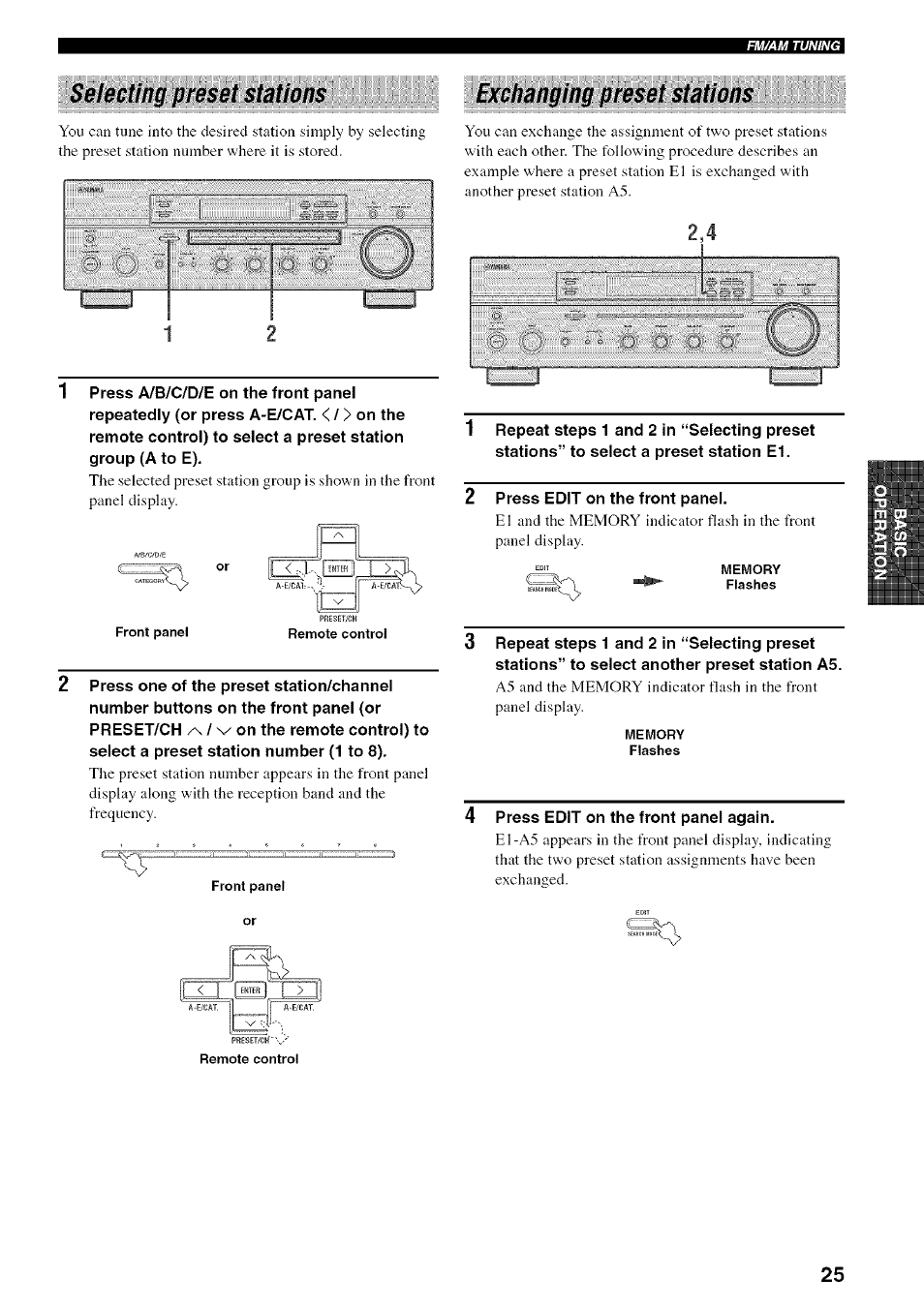 Selecting preset stations, Exchanging preset stations | Yamaha RX-497 User Manual | Page 29 / 53