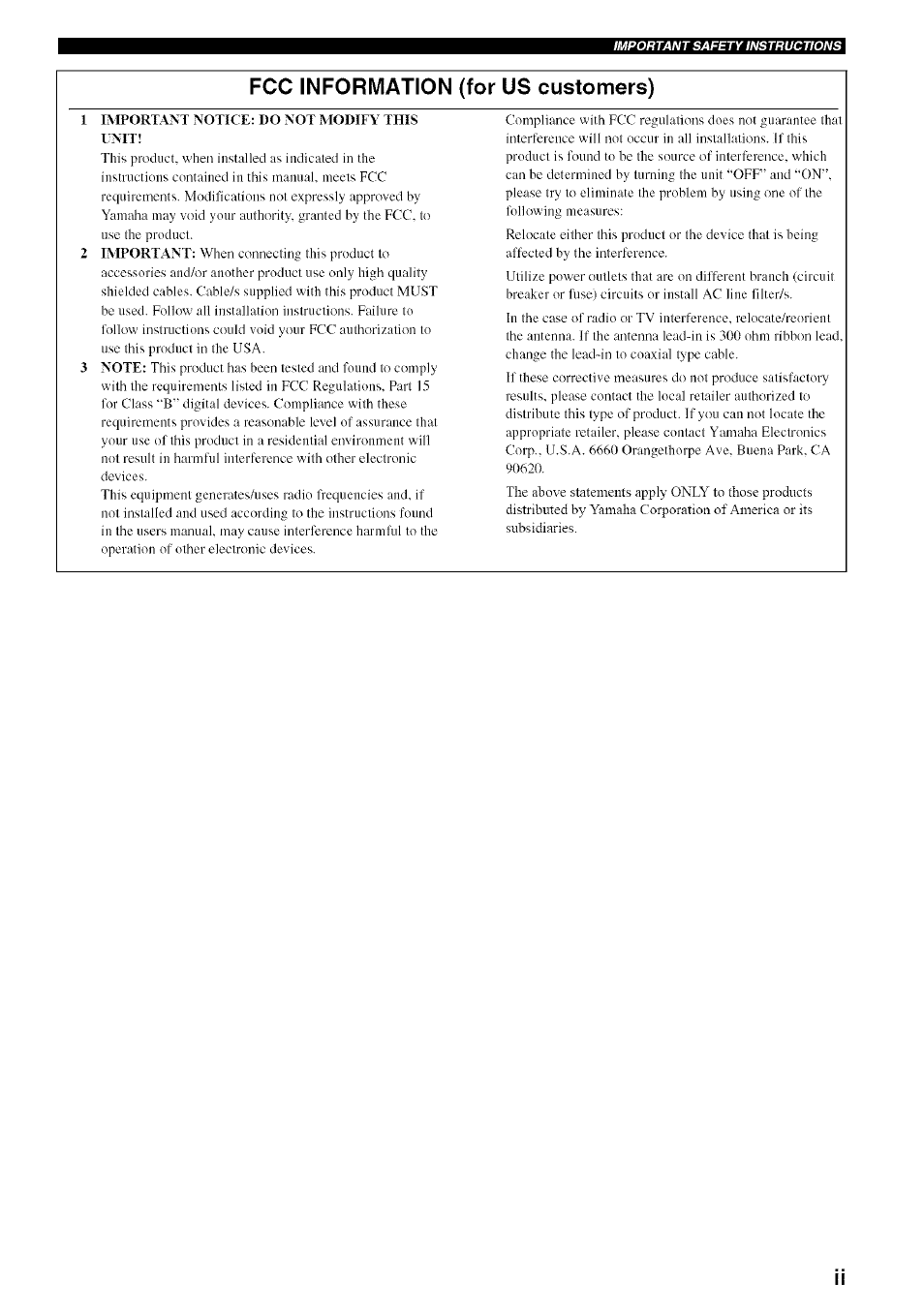 Fcc information (for us customers) | Yamaha RX-497 User Manual | Page 3 / 53