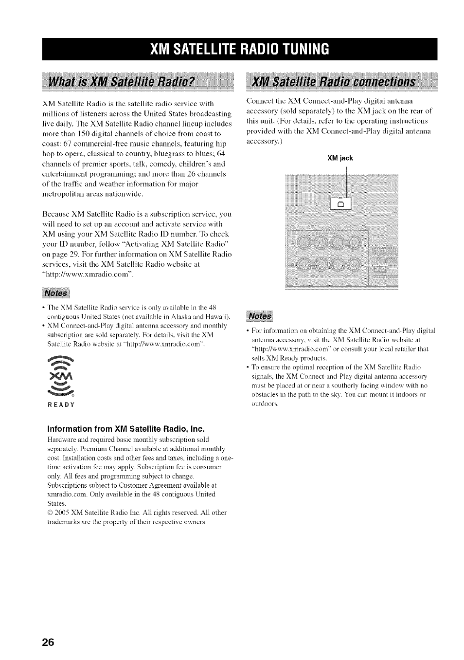 Xm satellite radio tuning, Nha\ is xm satellite radio, Notes | Xm satellite radio connections, Information from xm satellite radio, inc, Ulrat is xm satellite radio | Yamaha RX-497 User Manual | Page 30 / 53