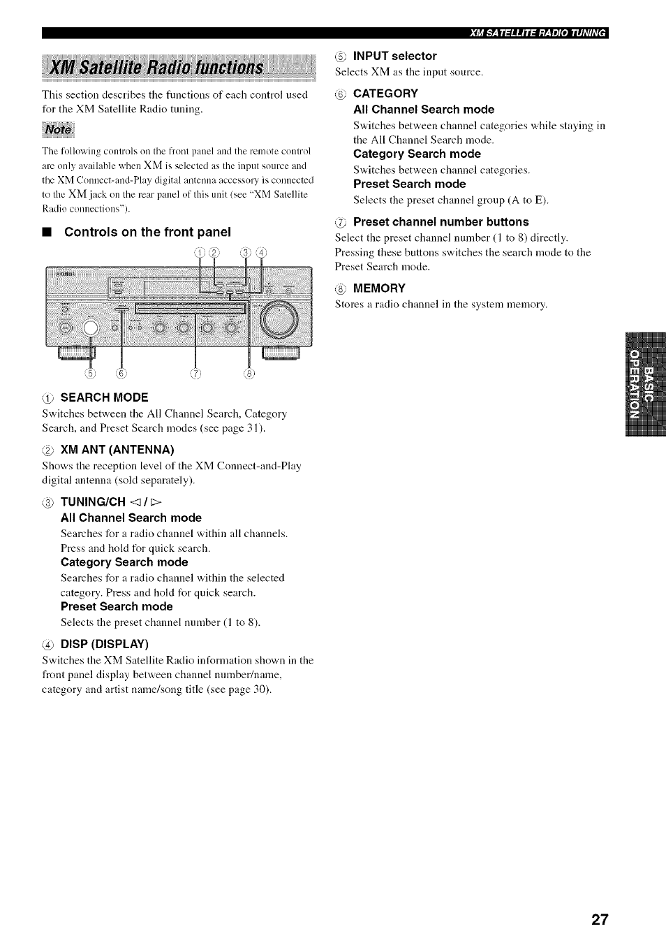 Note, C5) input selector, Category | All channel search mode, Category search mode, Preset search mode, 7) preset channel number buttons, 8) memory, U) search mode, Ii) xm ant (antenna) | Yamaha RX-497 User Manual | Page 31 / 53