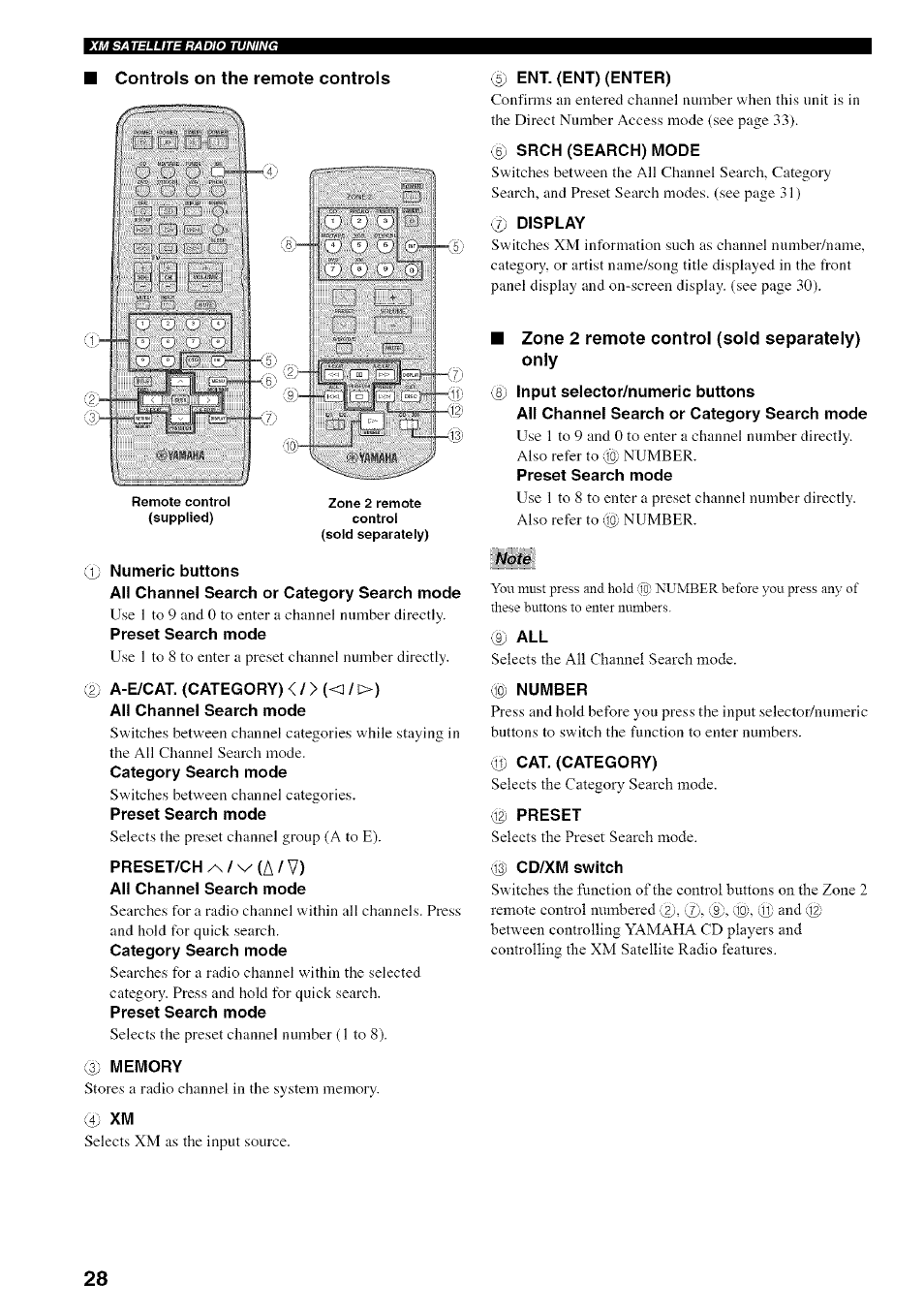 0 numeric buttons, All channel search or category search mode, Preset search mode | 0 a-e/cat. (category) </>(<]/>), All channel search mode, Category search mode, 0 mewlory, 0 xm, Ent. (ent) (enter), 0 srch (search) mode | Yamaha RX-497 User Manual | Page 32 / 53