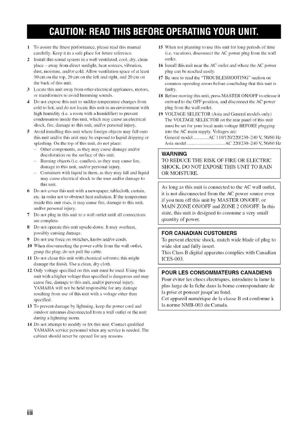 Caution: read this before operating your unit | Yamaha RX-497 User Manual | Page 4 / 53