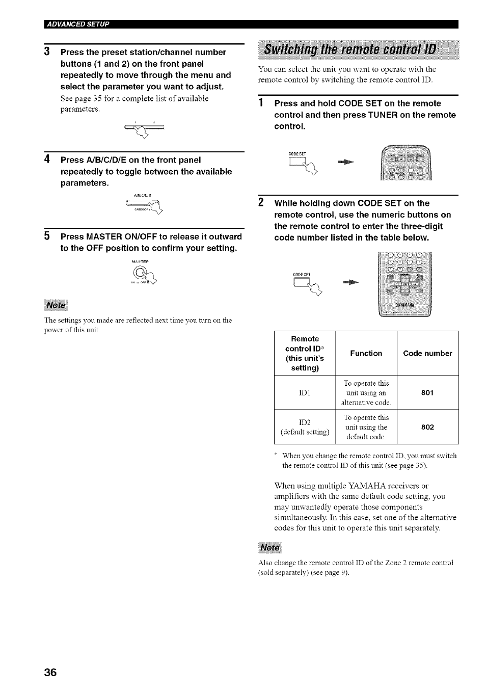 Switching the remote controi id, Note, Switching the remote control id | Yamaha RX-497 User Manual | Page 40 / 53