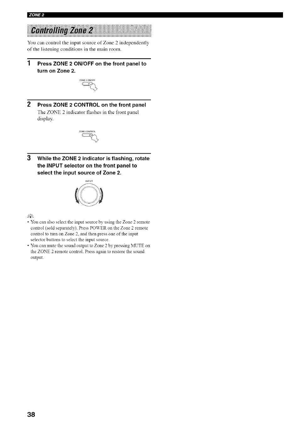 Controlling zone 2, 2 press zone 2 control on the front panel | Yamaha RX-497 User Manual | Page 42 / 53