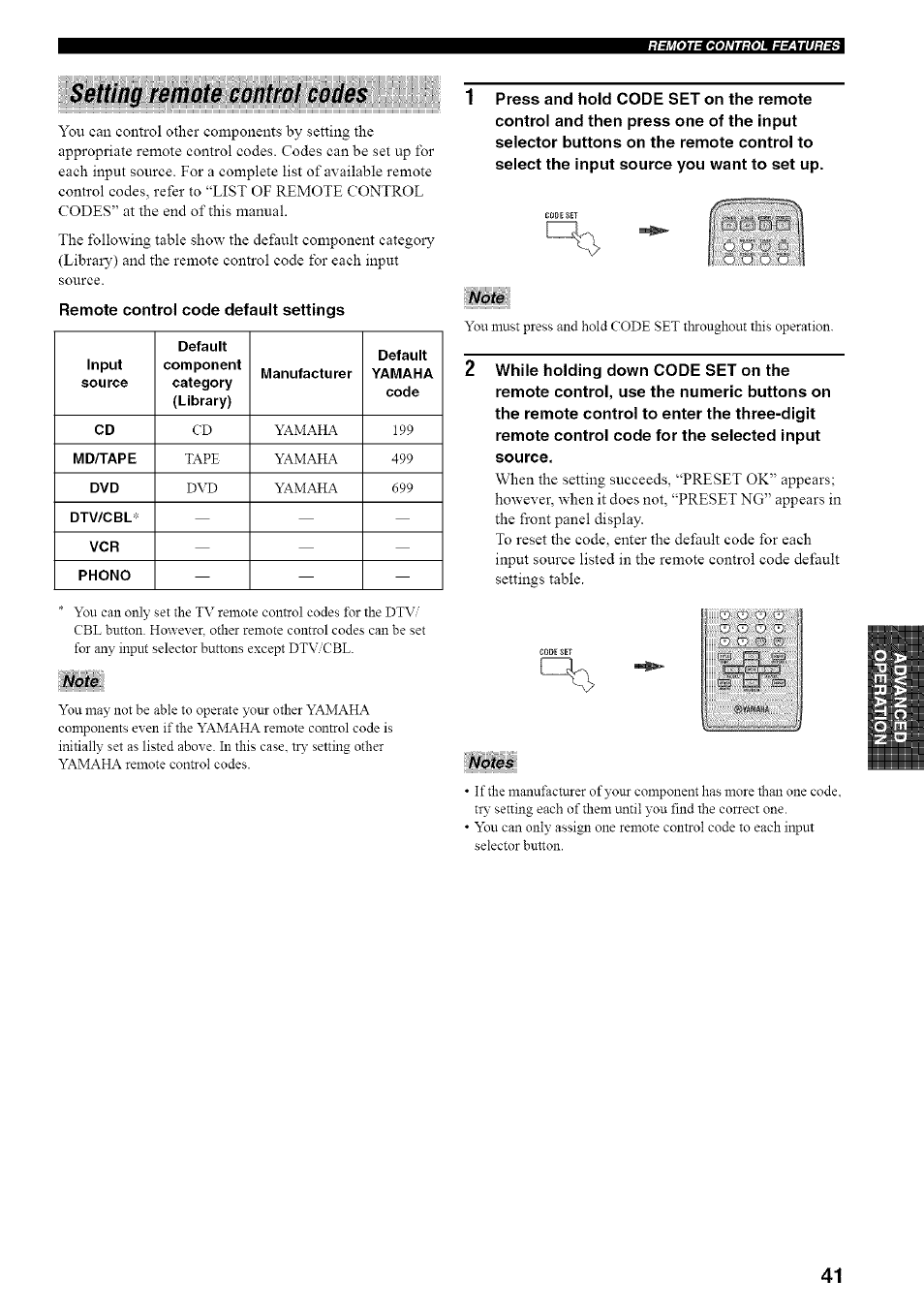 Setting remote control codes, Note | Yamaha RX-497 User Manual | Page 45 / 53