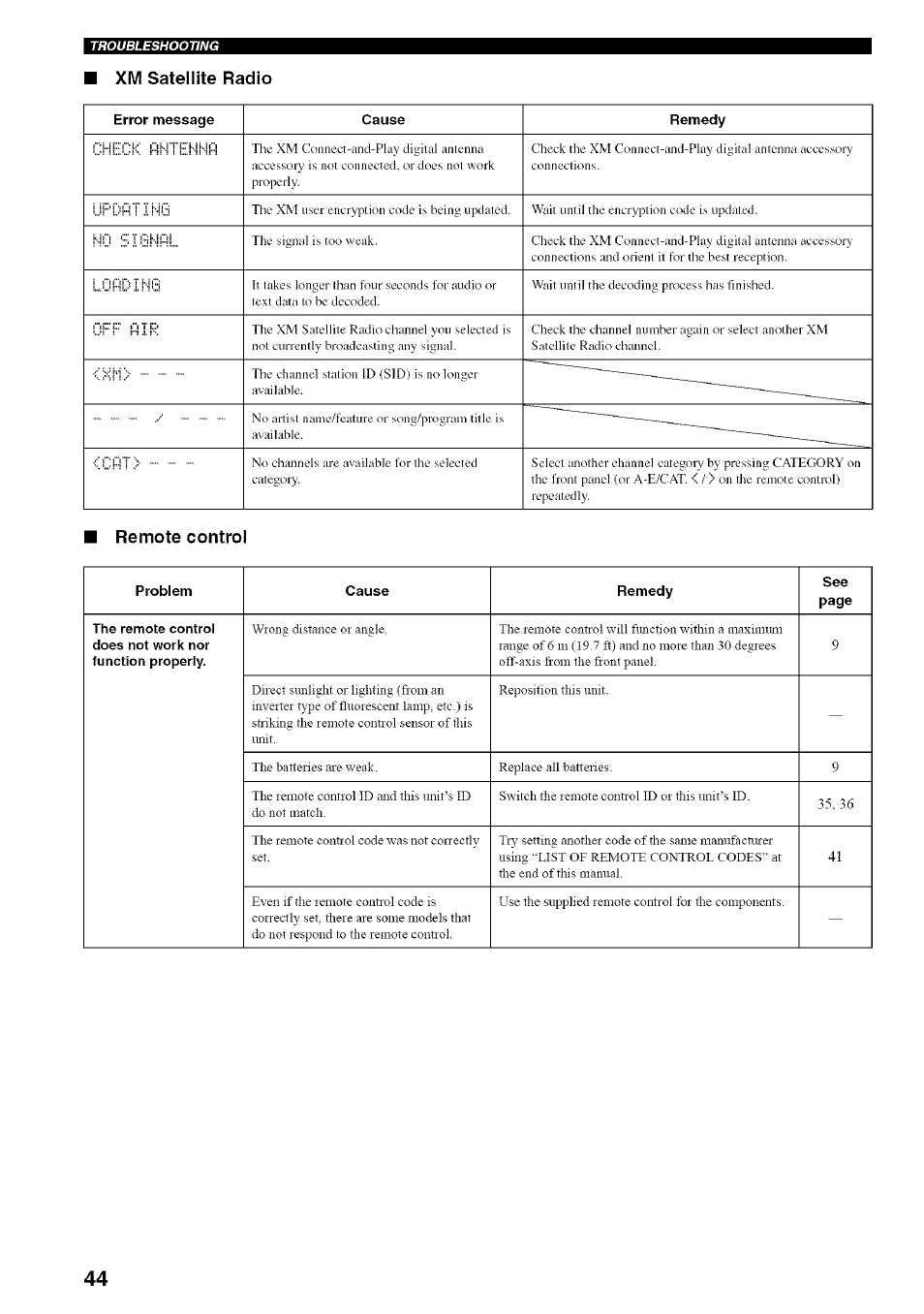 Xm satellite radio, Remote control | Yamaha RX-497 User Manual | Page 48 / 53