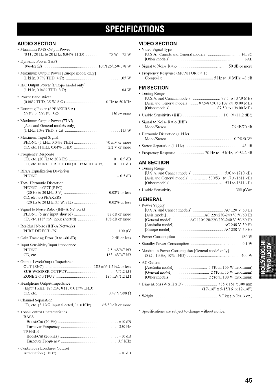 Specifications, Audio section, Video section | Fm section, Am section, General | Yamaha RX-497 User Manual | Page 49 / 53