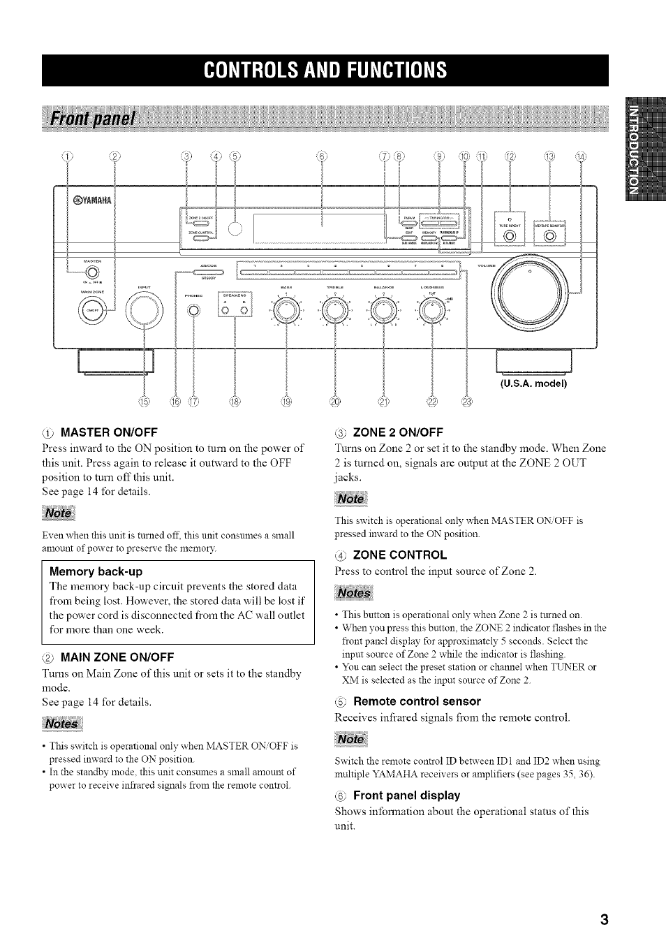 Front panel, Controls and functions, Master on/off | Note, 2) main zone on/off, Notes, C3) zone 2 on/off, 4) zone control, Remote control sensor, 6) front panel display | Yamaha RX-497 User Manual | Page 7 / 53