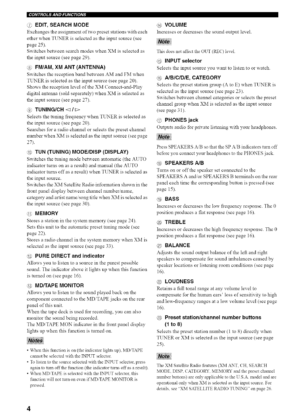 Edit, search mode, Fm/am, xm ant (antenna), Tun (tuning) mode/disp (display) | Memory, Pure direct and indicator, Md/tape monitor, Notes, Volume, Note, U) input selector | Yamaha RX-497 User Manual | Page 8 / 53