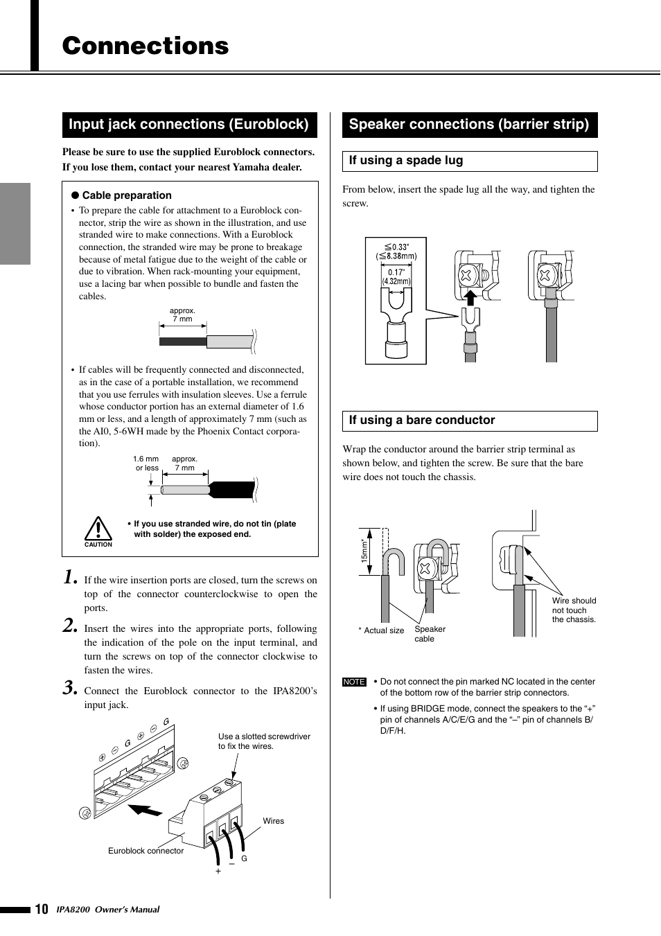 Connections, Input jack connections (euroblock), Speaker connections (barrier strip) | Yamaha IPA8200 User Manual | Page 10 / 19