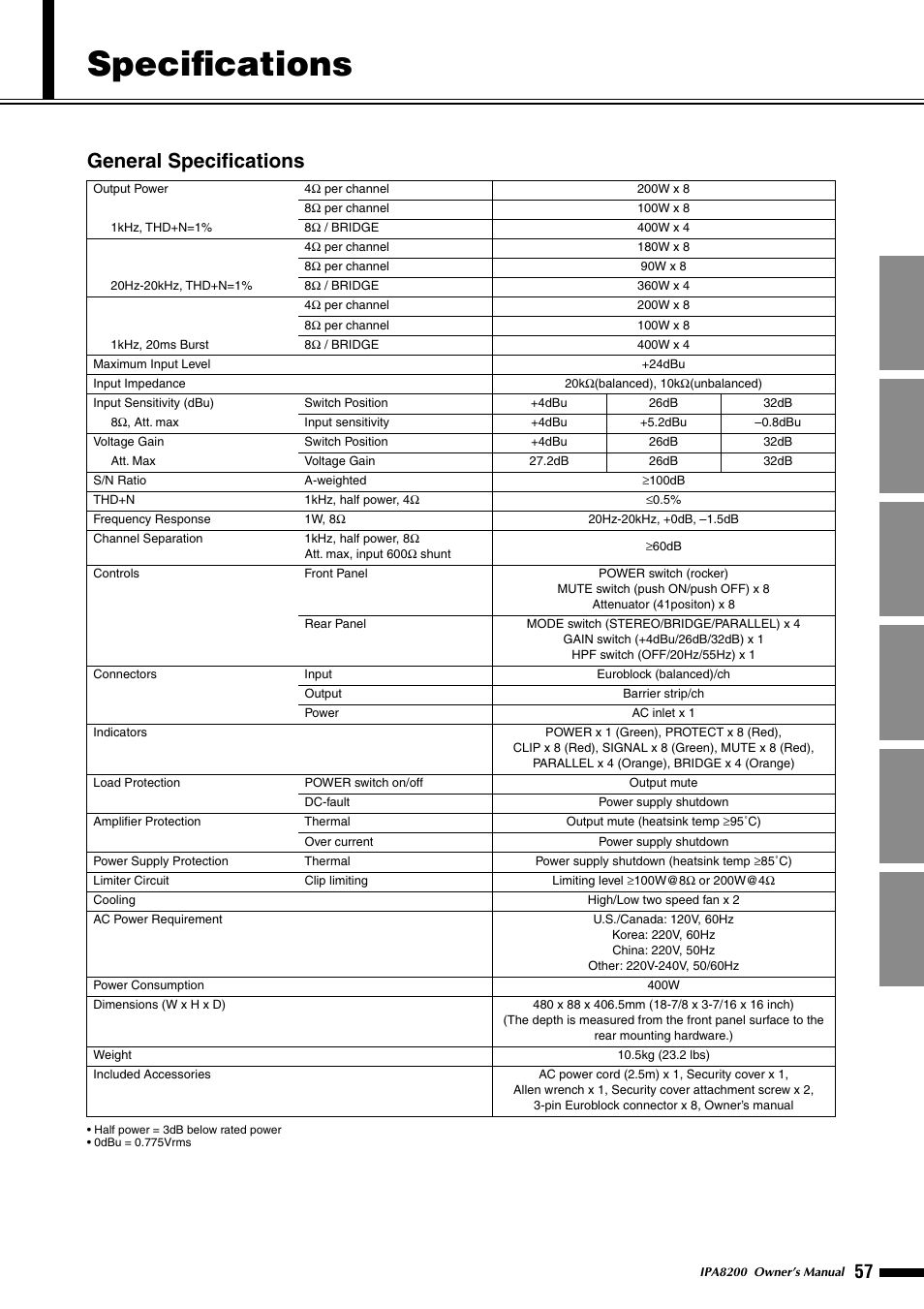 Specifications, General specifications | Yamaha IPA8200 User Manual | Page 12 / 19