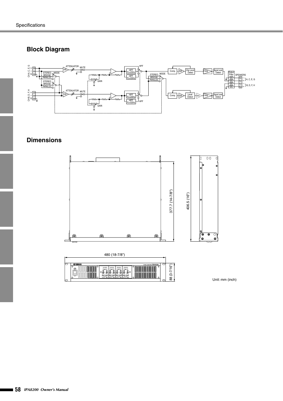 Block diagram, Dimensions, Block diagram dimensions | Specifications | Yamaha IPA8200 User Manual | Page 13 / 19