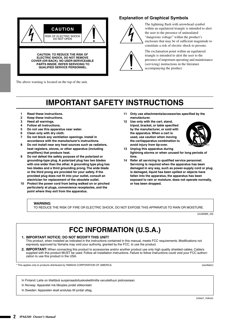 Important safety instructions, Fcc information (u.s.a.), Explanation of graphical symbols | Yamaha IPA8200 User Manual | Page 2 / 19